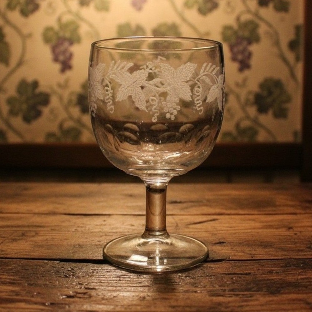 Bartlett Collins Etched Grapes Goblet, Thumbprint Wine Glass, Vintage Stemware